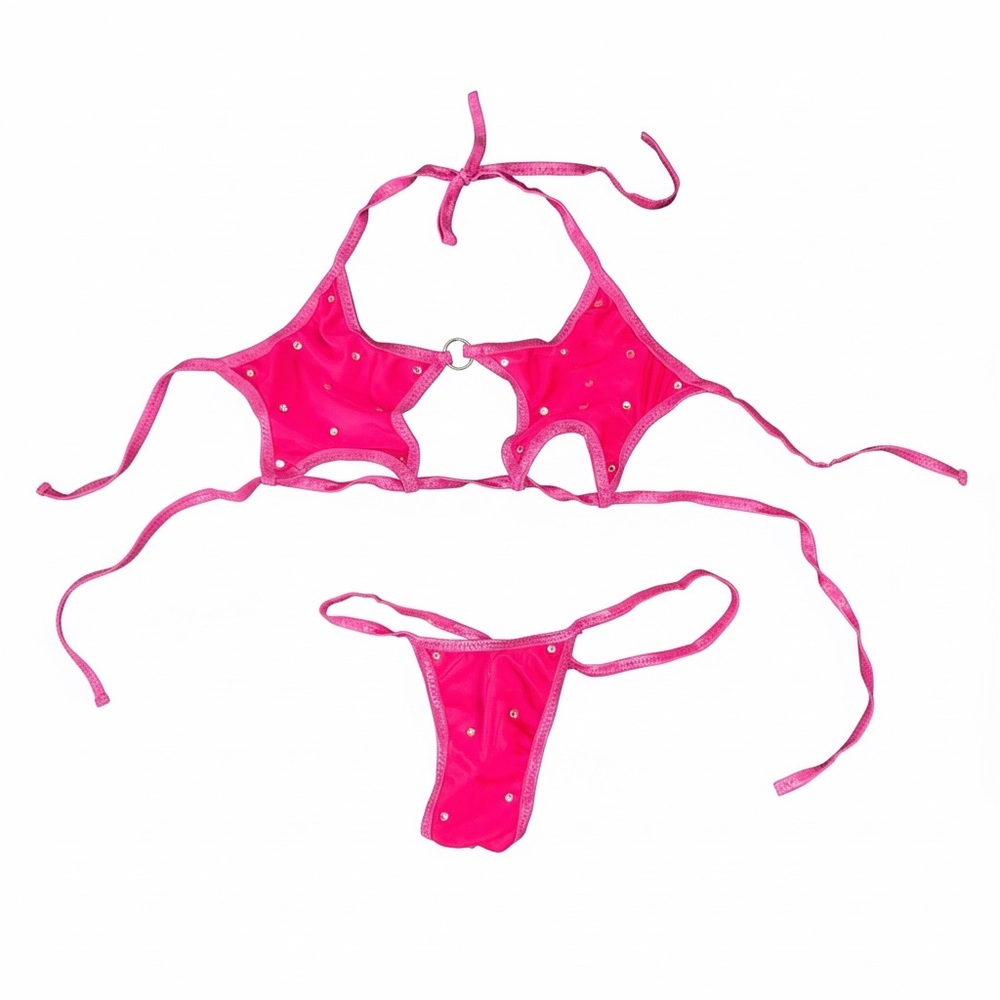 Hot Pink String Bikini Set with Rhinestone Accents